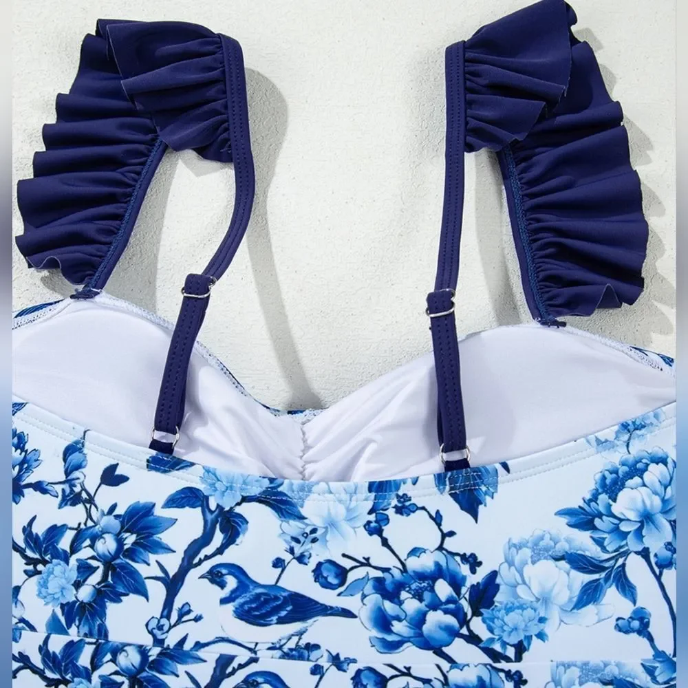 Cutout Ruffled Spaghetti Strap One-Piece Floral Blue Ruffle Strap Swimsuit S M